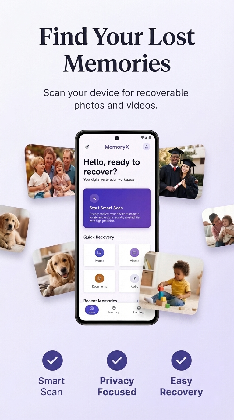 MemoryX app screenshot showing recoverable photos